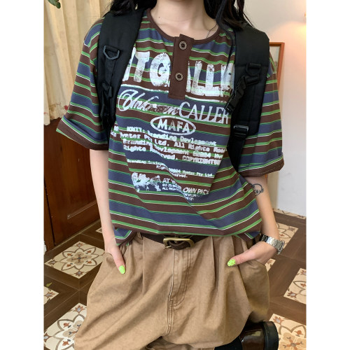 C2自制/撞色条纹短袖T恤男女同款宽松亨利领美式复古风宽松上衣潮