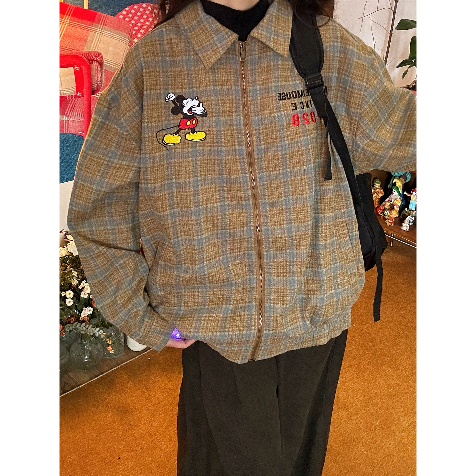 C2自制/美式复古格子衬衫男女同款宽松休闲情侣装秋冬新款外套潮
