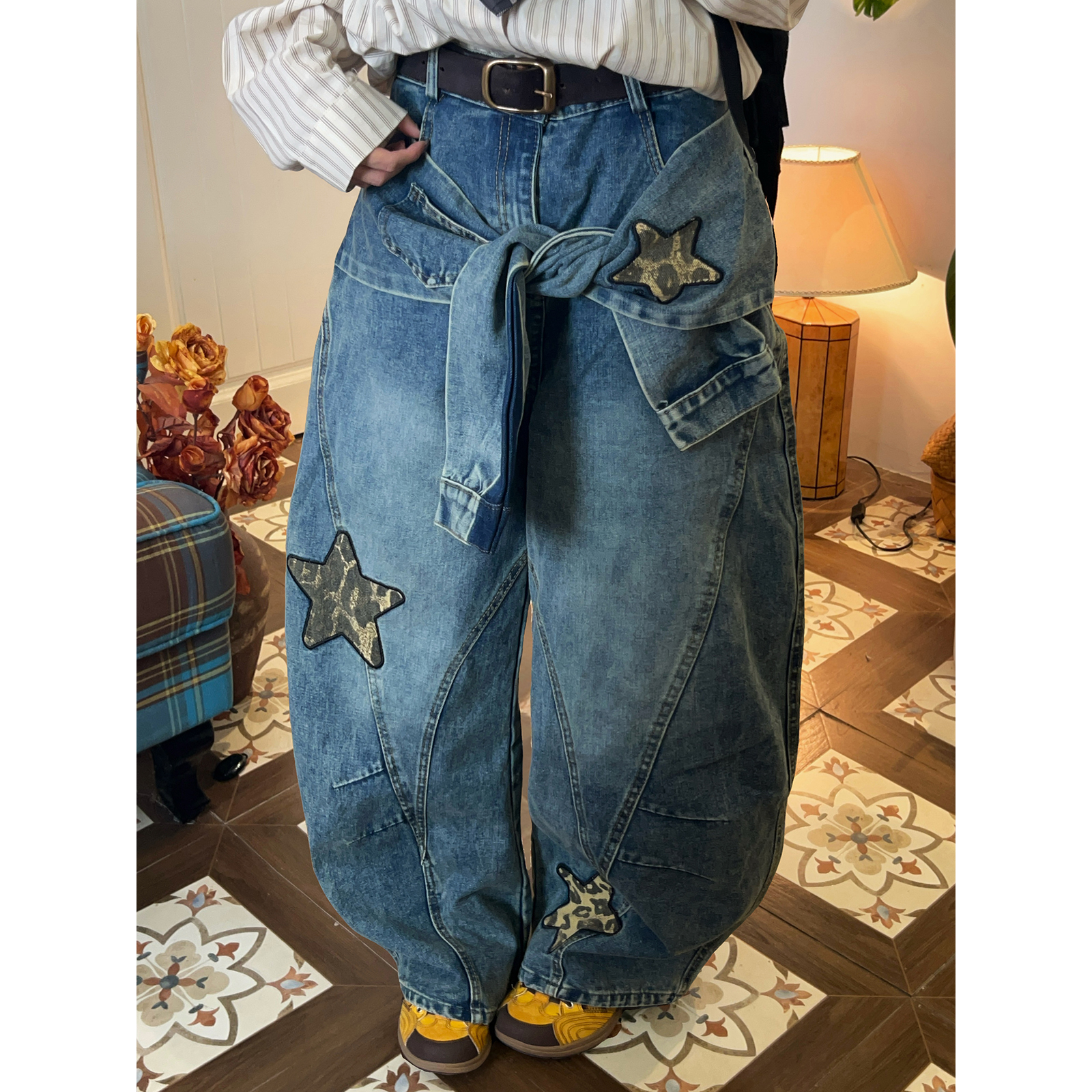 C2自制/豹纹星星刺绣弯刀牛仔裤男女同款秋宽松嘻哈绑带阔腿长裤