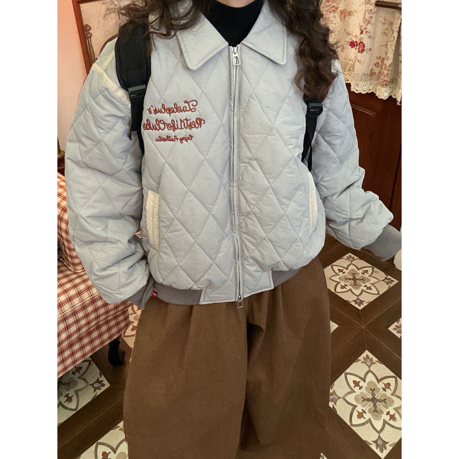 【新品买二送一】美式复古刺绣字母菱格棉衣男女情侣款百搭外套冬