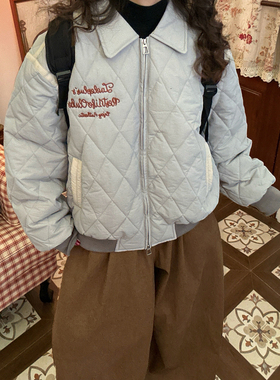 C2自制 /美式复古刺绣字母菱格棉衣男女情侣款百搭外套冬季新款