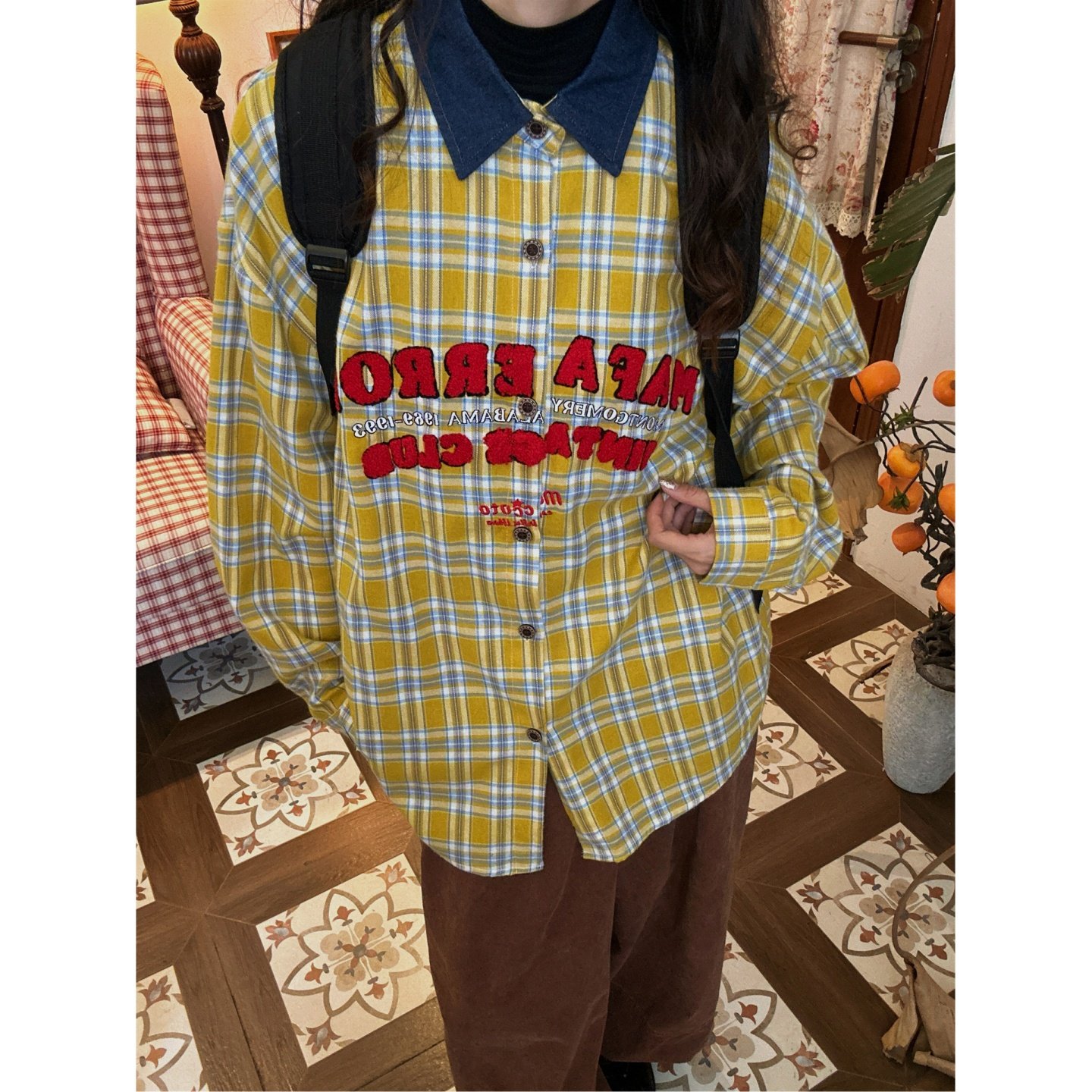 C2自制/美式复古格子刺绣字母撞色长袖衬衫男女同款秋季休闲上衣