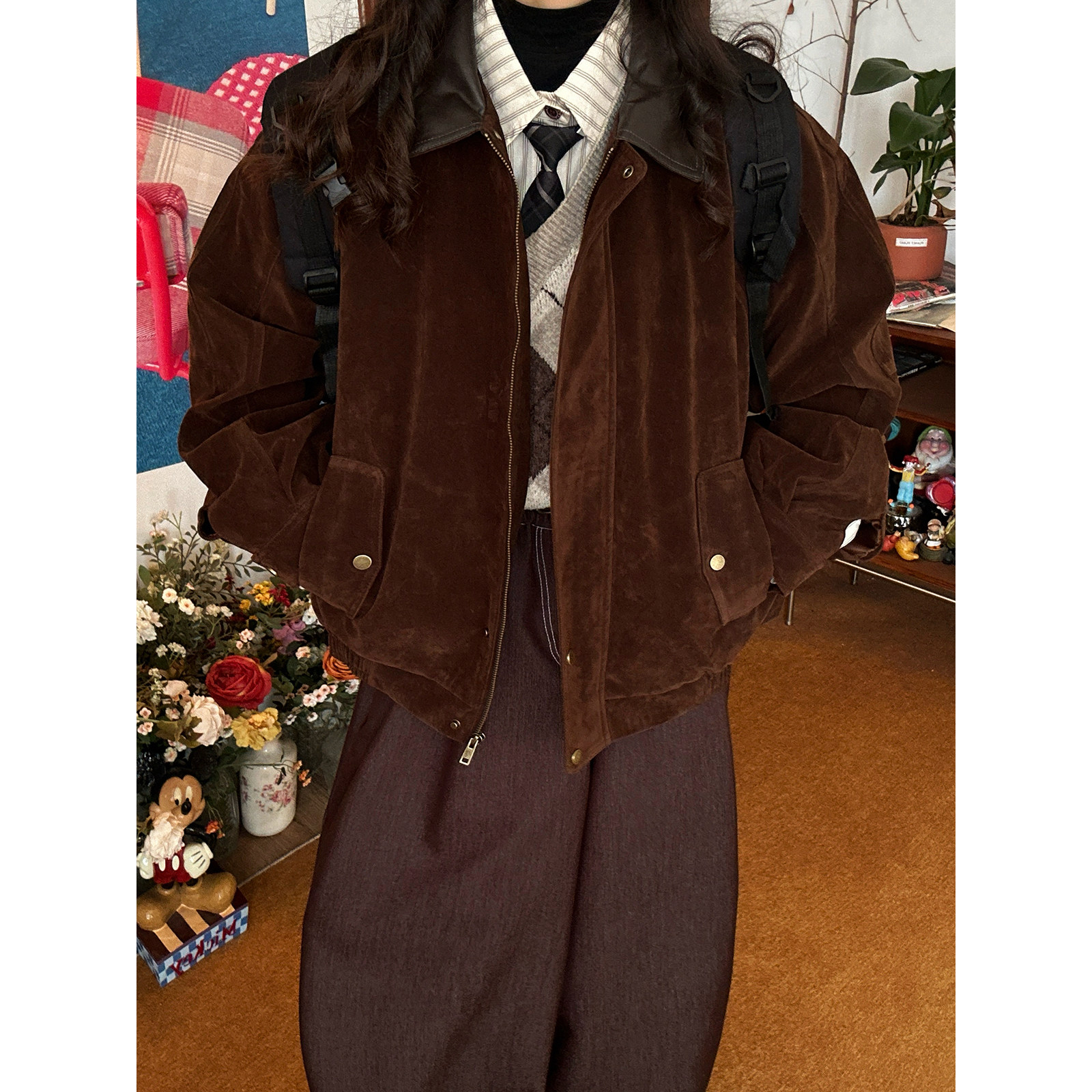 【新品买二送一】复古麂皮毛领短外套男女同款26春款宽松百搭夹克,女装/女士精品,短外套,淘宝优惠券,粉丝福利购,淘宝优惠卷