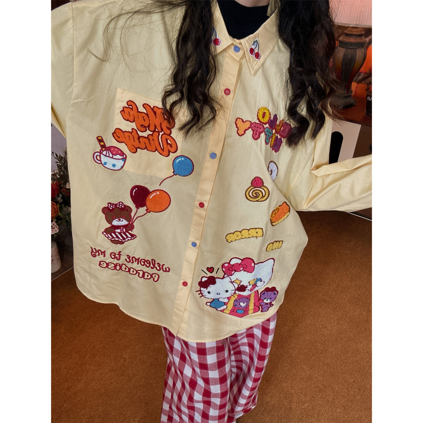 C2自制/复古kt猫趣味卡通刺绣衬衫女秋季宽松甜美可爱衬衣外套潮