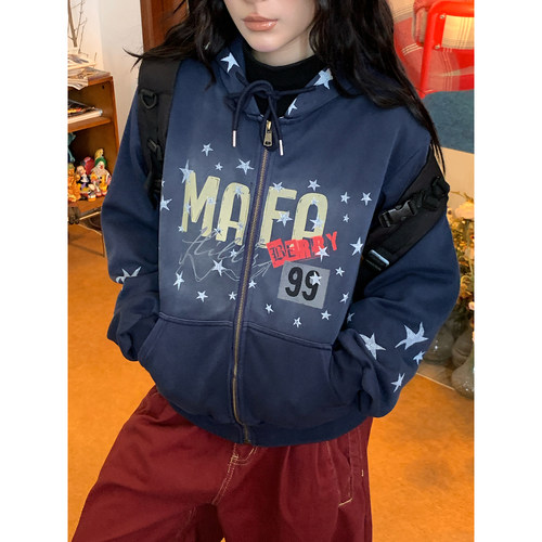 C2自制/复古星星印花连帽拉链开衫卫衣男女同款做旧宽松百搭外套