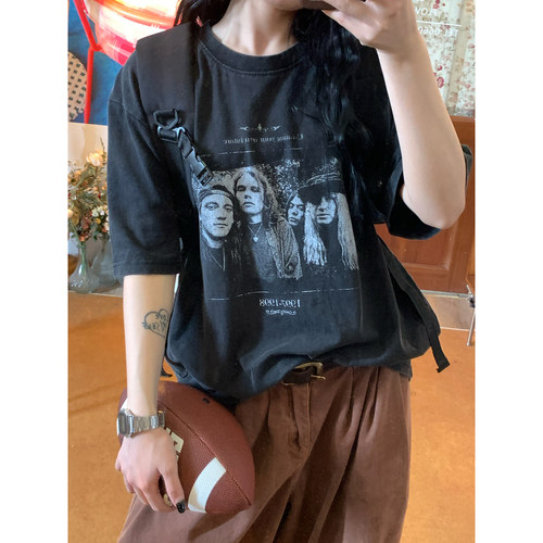 C2自制/美式复古做旧人像印花短袖26夏季新款T恤男女宽松百搭上衣