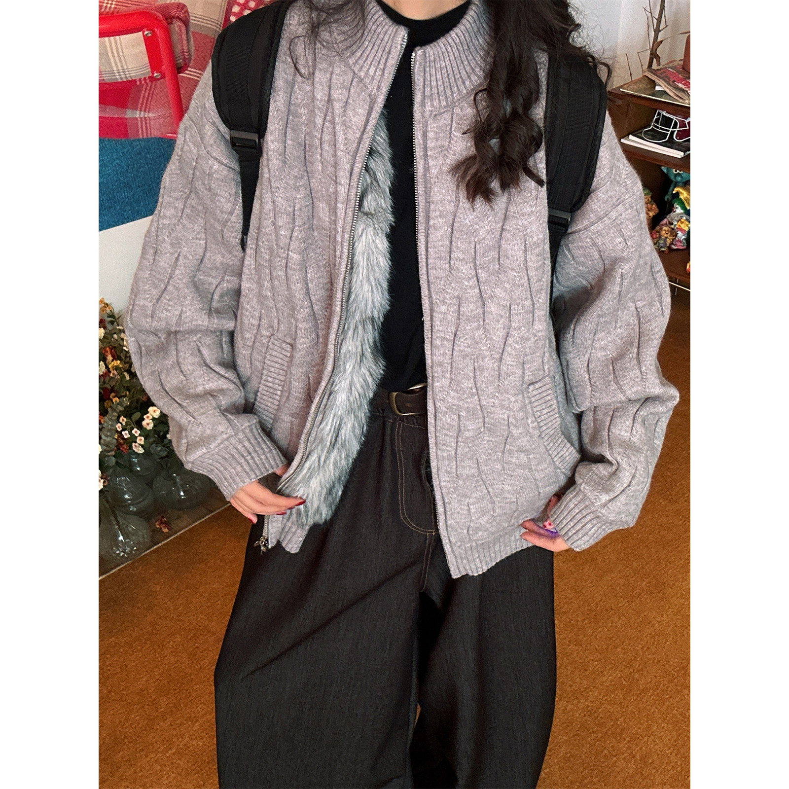 C2自制/立领加绒保暖开衫毛衣雕外套女冬季新款慵懒针织衫上衣潮