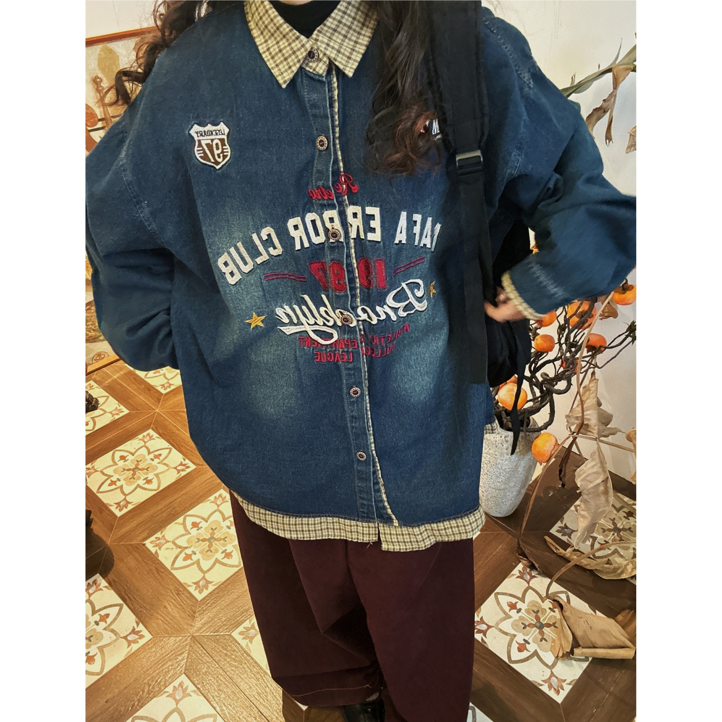 C2自制/美式复古男女同款假两件字母刺绣衬衫做旧牛仔长袖上衣