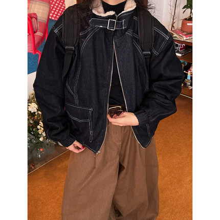 C2自制/美式复古结构立领牛仔棉服男女飞行员夹克外套冬季新款潮