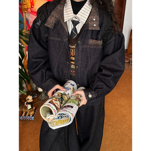 C2自制/美式撞色拼接翻领牛仔外套男女宽松学院风夹克春季新款潮