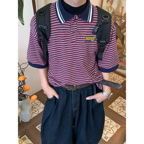 C2自制/美式复古风条纹短袖POLO衫男女同款宽松休闲上衣夏季新款