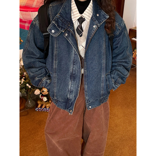 C2自制/美式复古立领牛仔外套男女同款短款飞行夹克外套春季新款