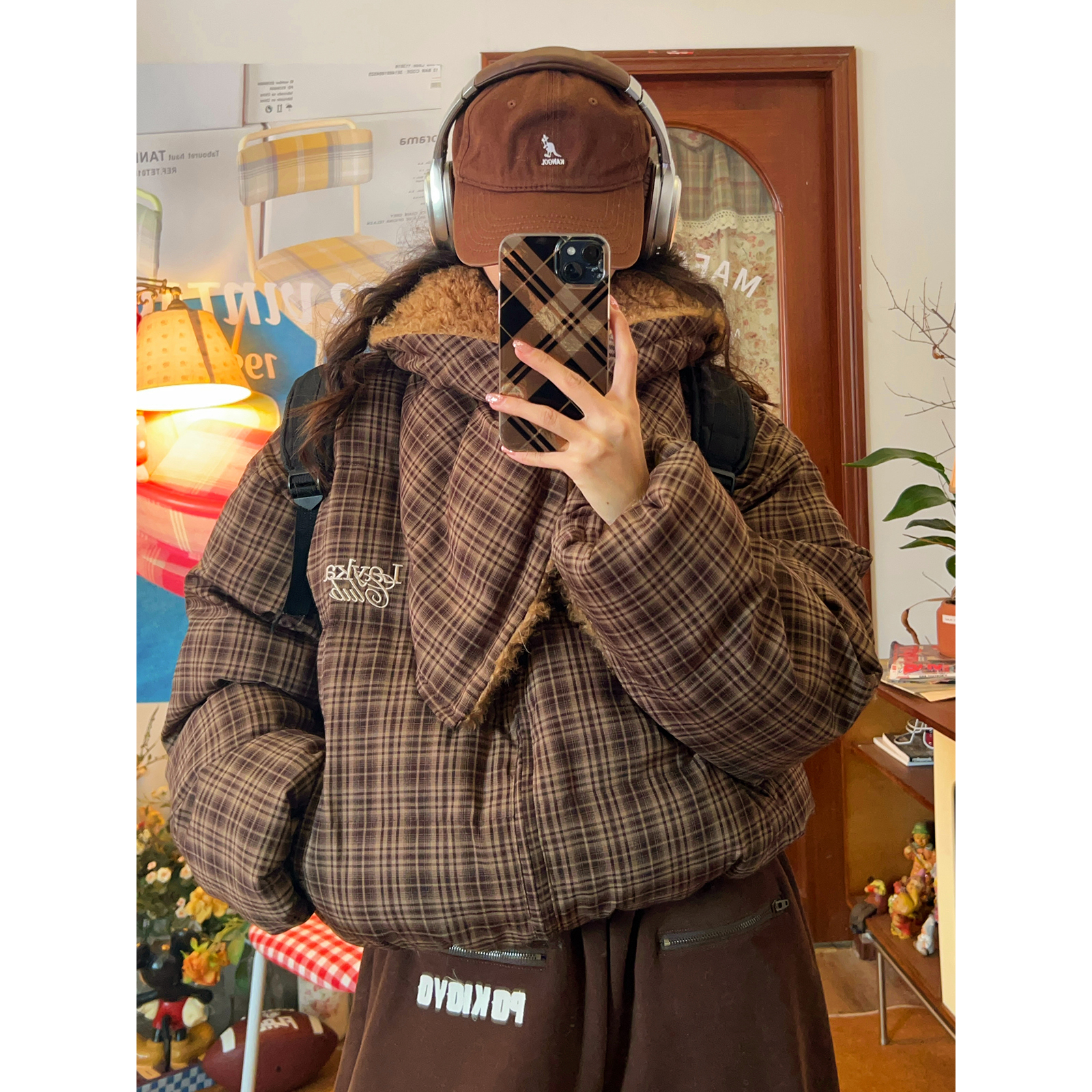 C2自制/美式复古格子两面穿羊羔毛棉服男女同款秋冬新款百搭外套