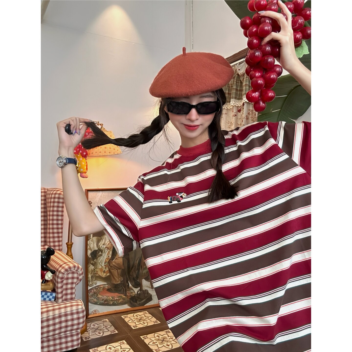 C2自制/美式复古条纹腊肠狗刺绣短袖T恤女夏季宽松减龄圆领上衣潮图片