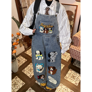 可爱猫咪小狗刺绣牛仔背带裤 新款 男女同款 阔腿裤 C2自制 长裤 秋季