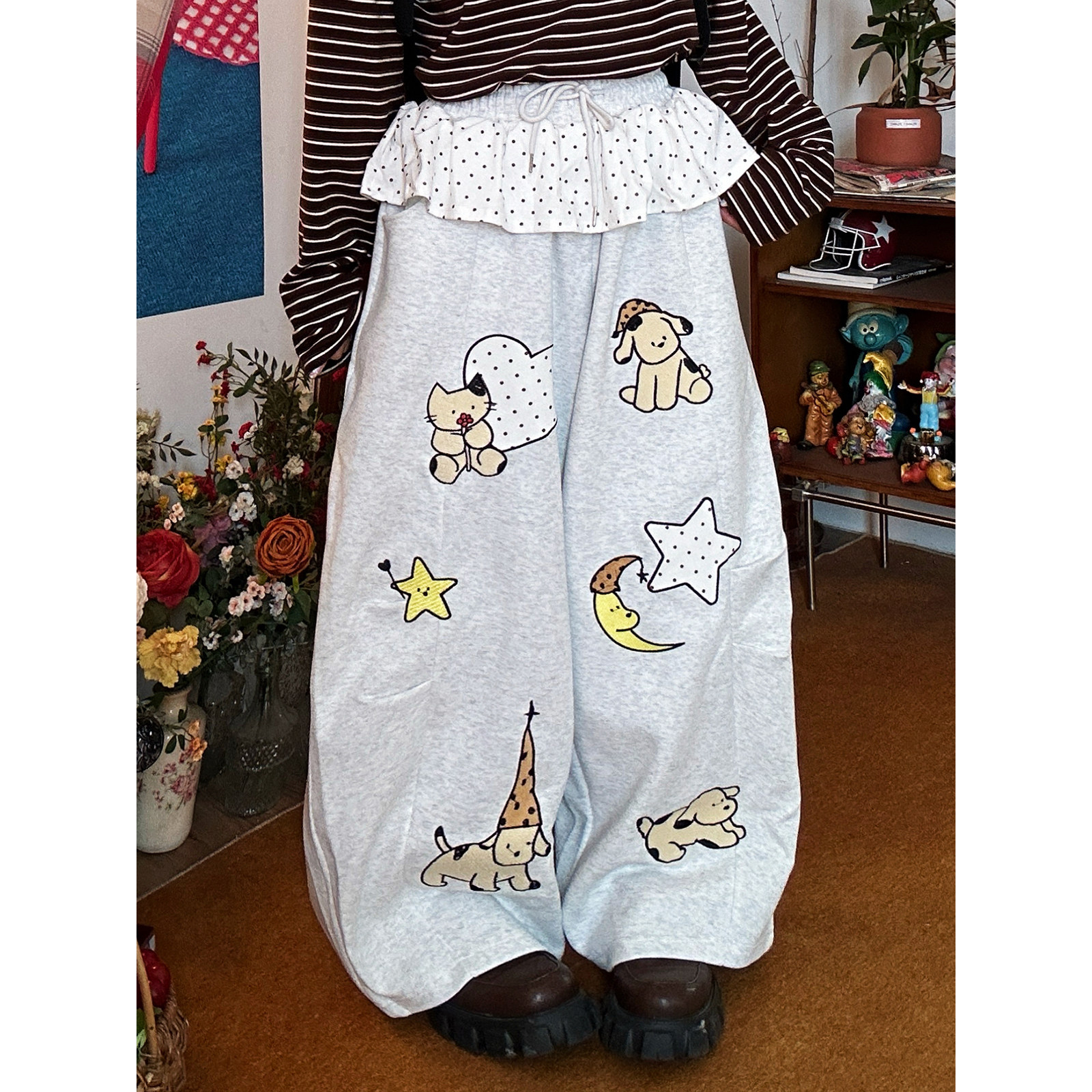 C2自制/可爱卡通小狗印花阔腿裤女高腰宽松休闲卫裤长裤2026春款,女装/女士精品,卫裤,淘宝优惠券,粉丝福利购,淘宝优惠卷