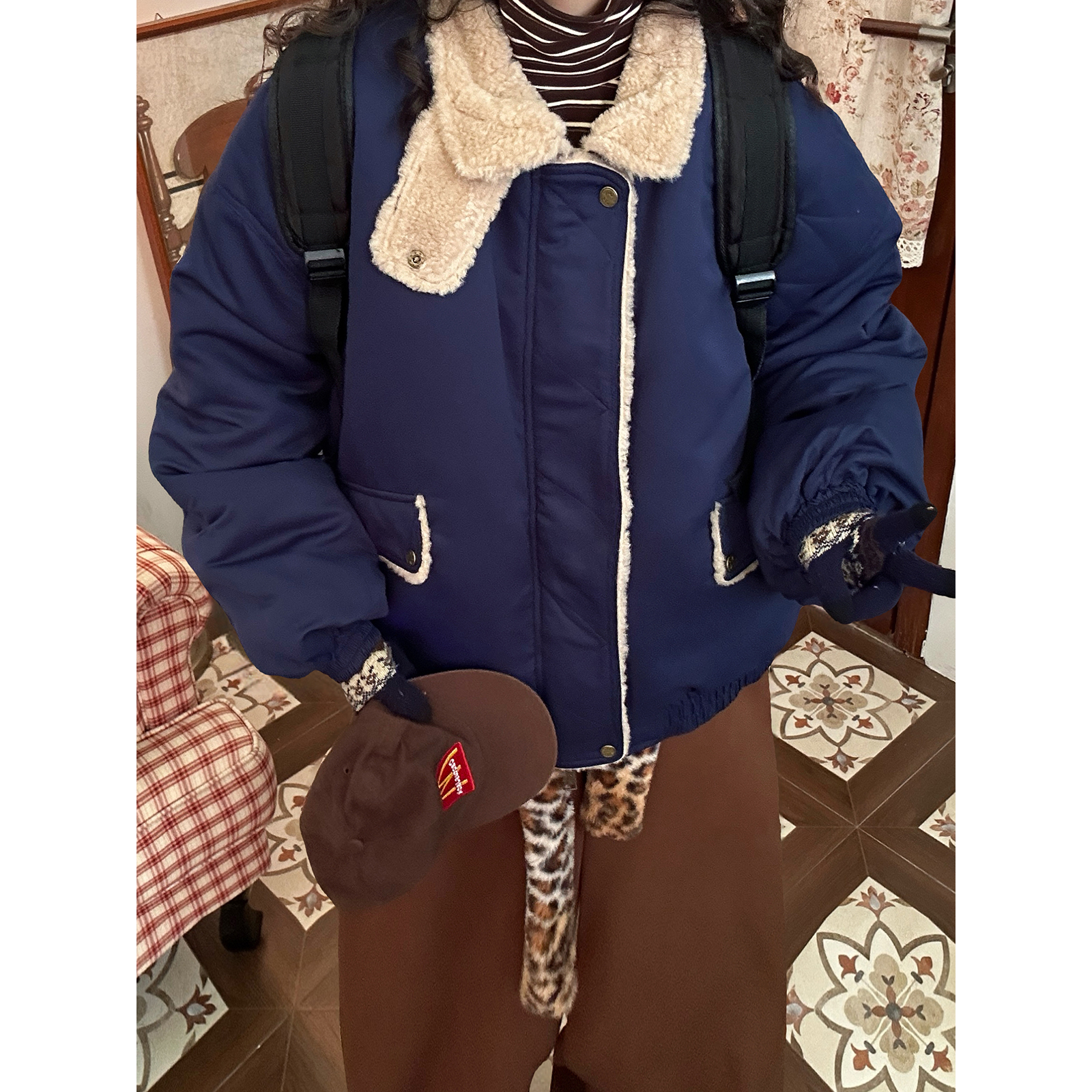 【新品买二送一】羊羔毛领立领棉服女冬季保暖宽松工装风棉衣外套