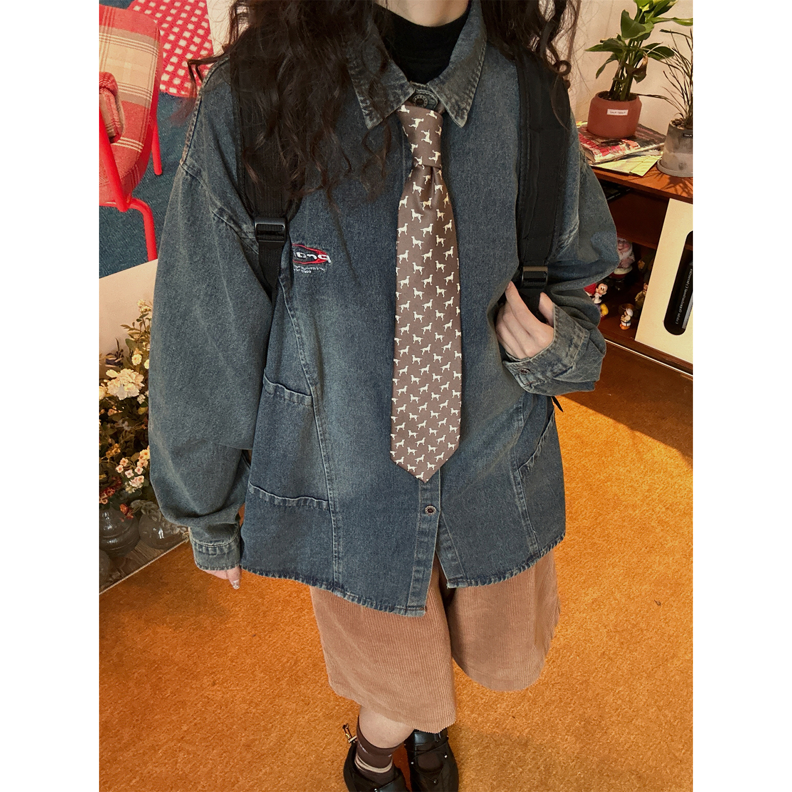 C2自制/美式解构拼接水洗牛仔衬衫男女秋季新款开衫显瘦百搭上衣