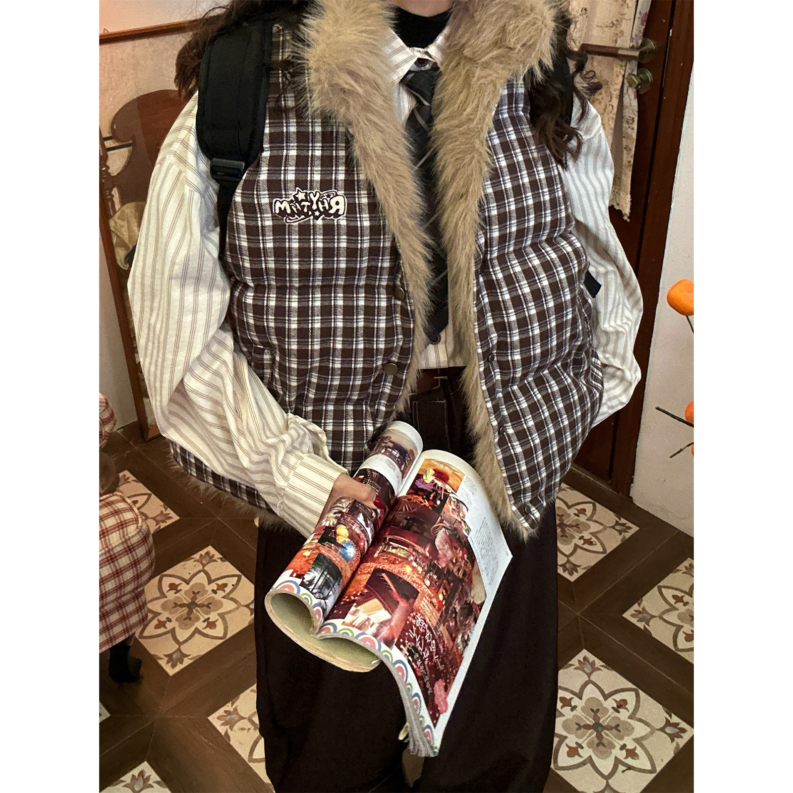 C2自制/美式格子羊羔毛马甲女双面穿加厚保暖学院风百搭夹棉外套