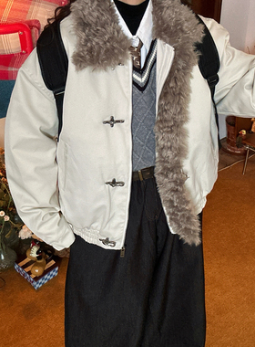 C2自制/美式复古毛领棉服飞机扣加厚保暖外套直筒型棉衣男女同款