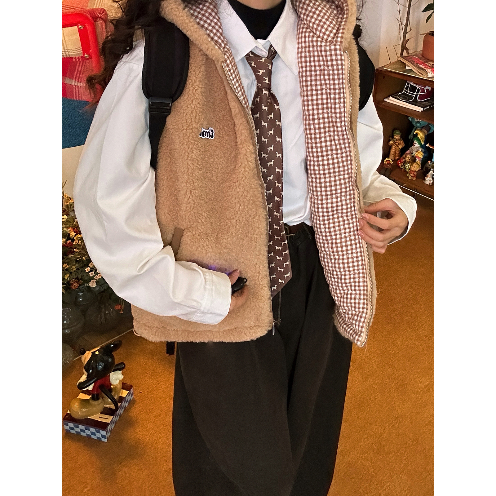 C2自制 /美式复古羊羔毛马甲男女同款连帽保暖棉服百搭叠穿外套