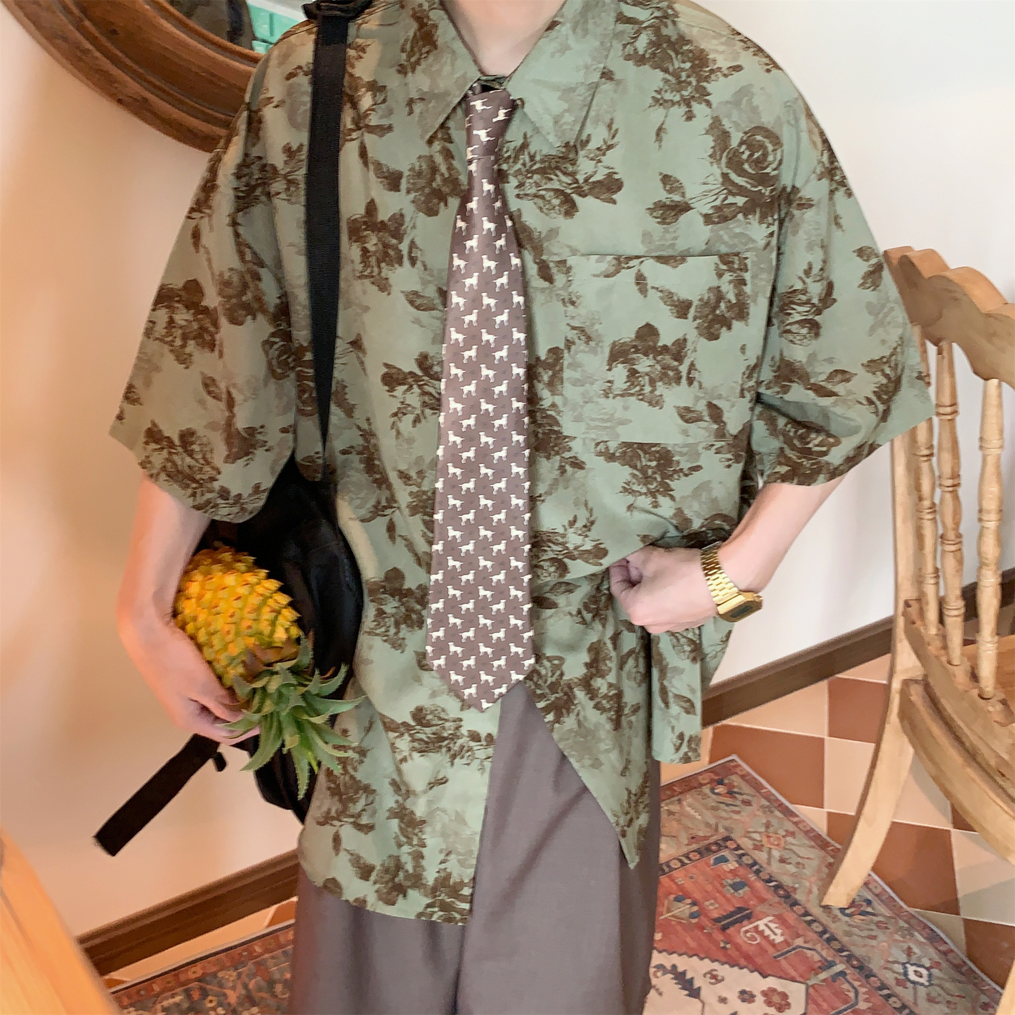 C2自制宽松日系复古纽扣短袖