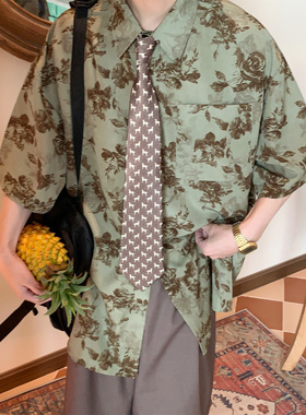 C2自制/日系复古花卉满印短袖衬衫夏季港风chic设计感慵懒衬衣ins