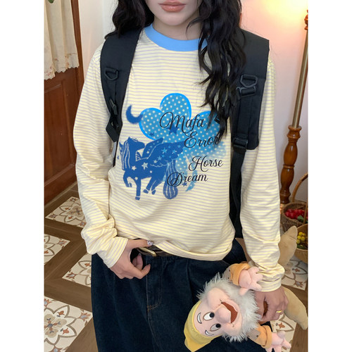 C2自制/复古风少女感条纹小马印花长袖T恤女显瘦百搭上衣秋季新款