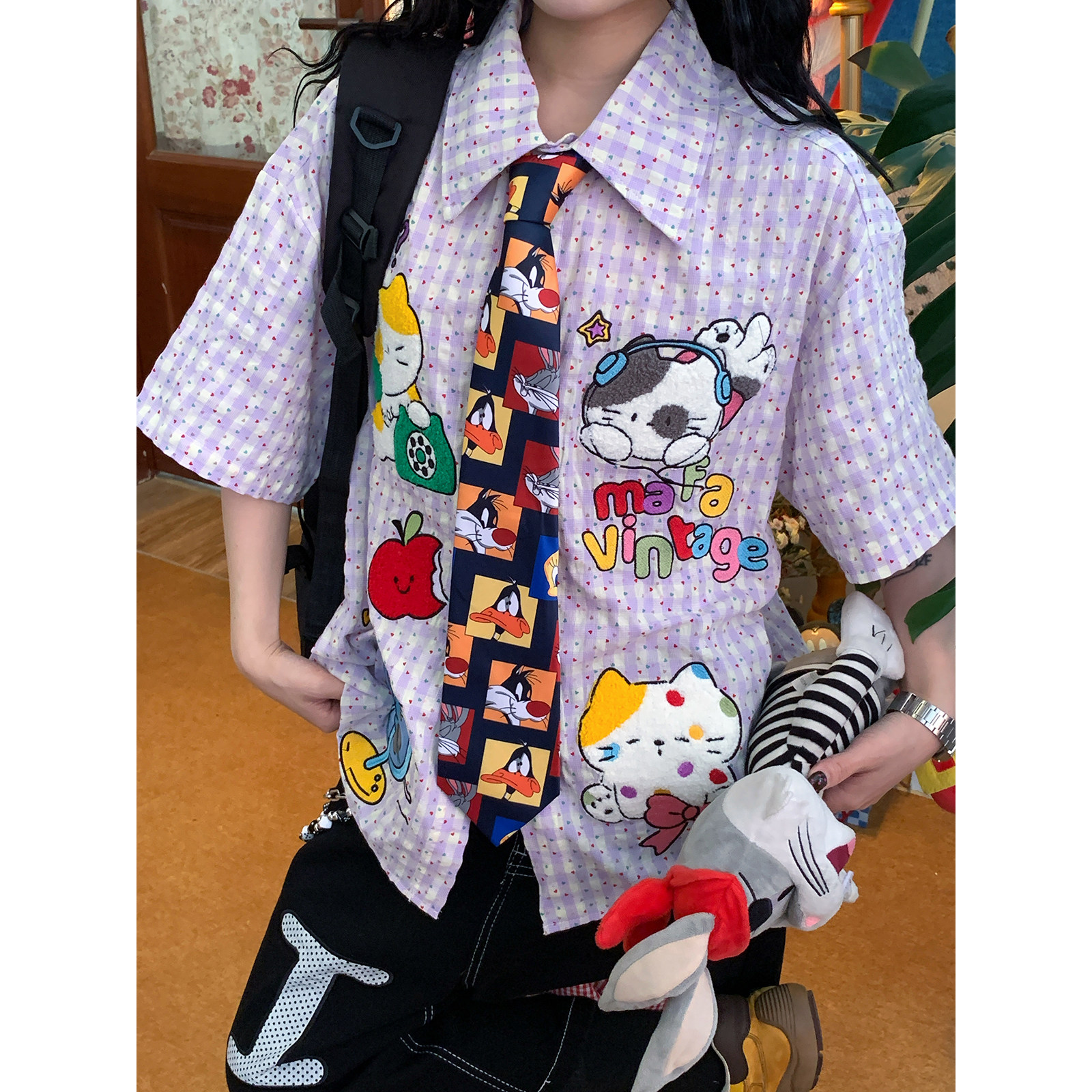 C2自制/夏季新款复古卡通印花植绒绣短袖衬衫女翻领宽松趣味上衣