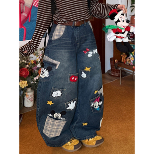 C2自制/美式卡通风米奇贴布牛仔裤女宽松阔腿长裤弯刀裤26年春款