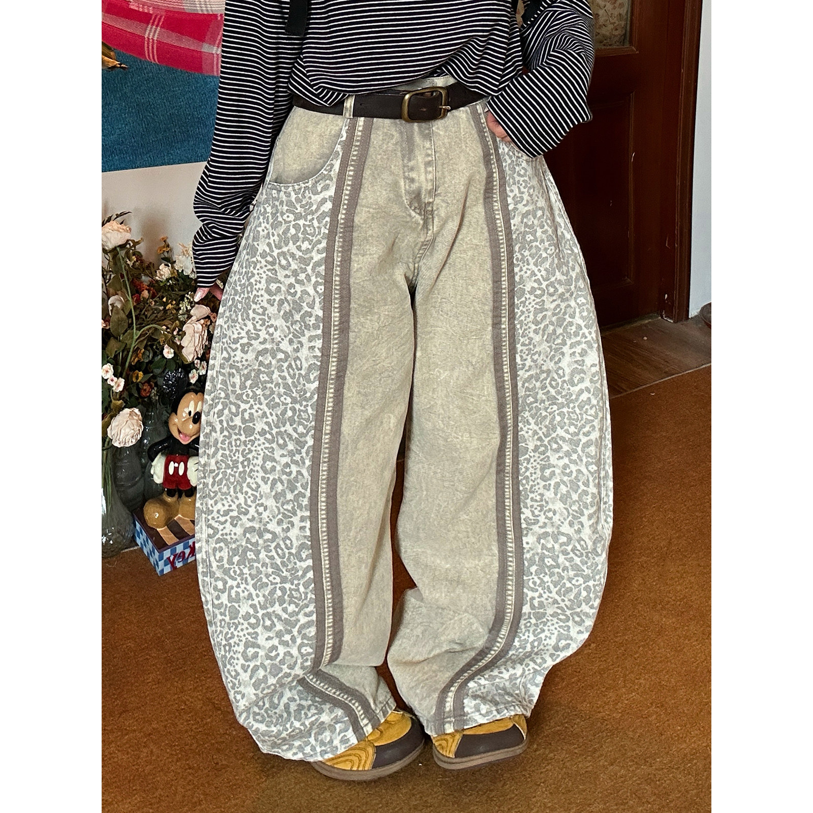 【新品买二送一】复古豹纹拼接阔腿裤女老钱风立体剪裁弯刀裤长裤,女装/女士精品,牛仔裤,淘宝优惠券,粉丝福利购,淘宝优惠卷