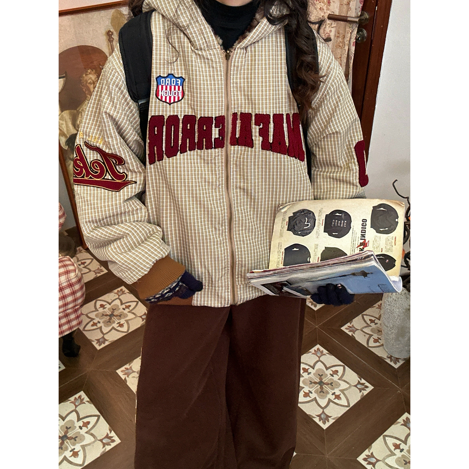 C2自制 /美式字母格纹连帽两面穿棉服男女同款冬季宽松百搭外套