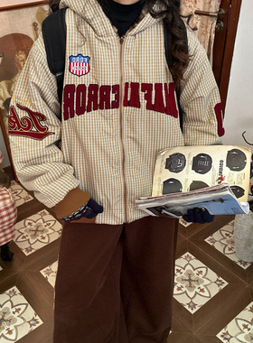 C2自制 /美式字母格纹连帽两面穿棉服男女同款冬季宽松百搭外套