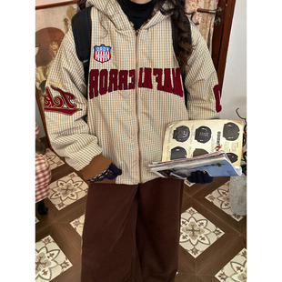 C2自制 /美式字母格纹连帽两面穿棉服男女同款冬季宽松百搭外套