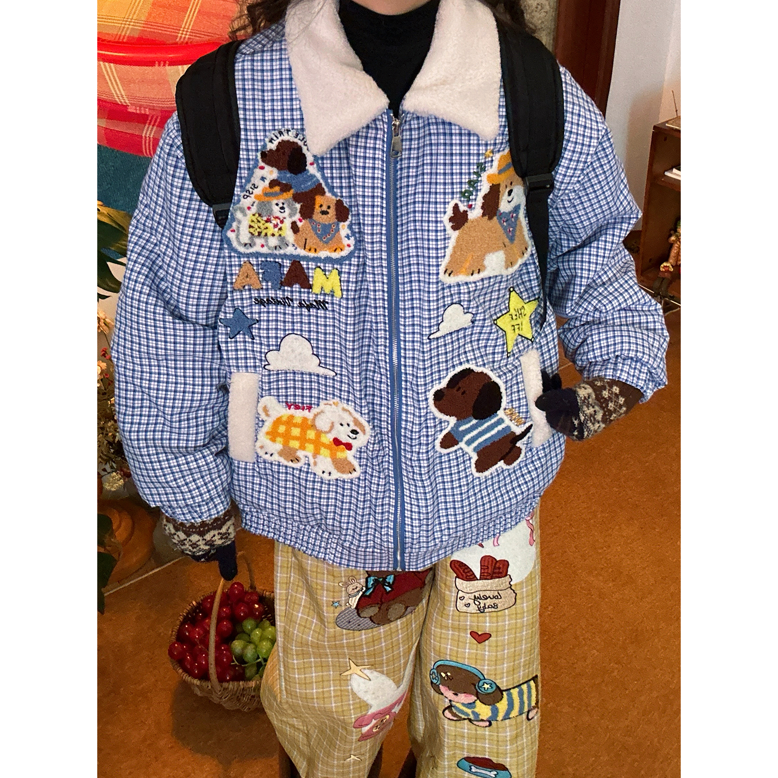 C2自制 /小狗植绒绣格子羊羔毛翻领棉服男女同款百搭冬款夹棉外套