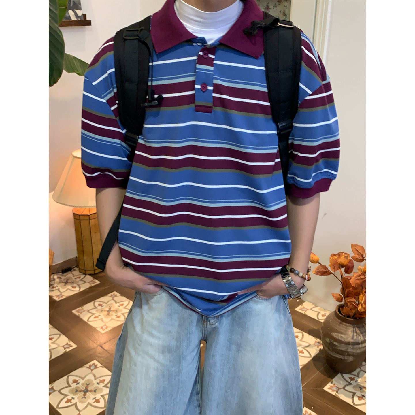 C2自制/美式复古条纹polo领短袖T恤女夏季宽松百搭正肩小高领上衣