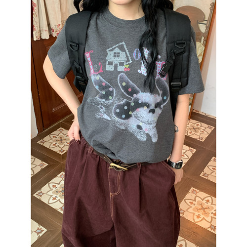 C2自制/小设计感波点小狗印花短袖T恤女夏季新款百搭显瘦辣妹上衣