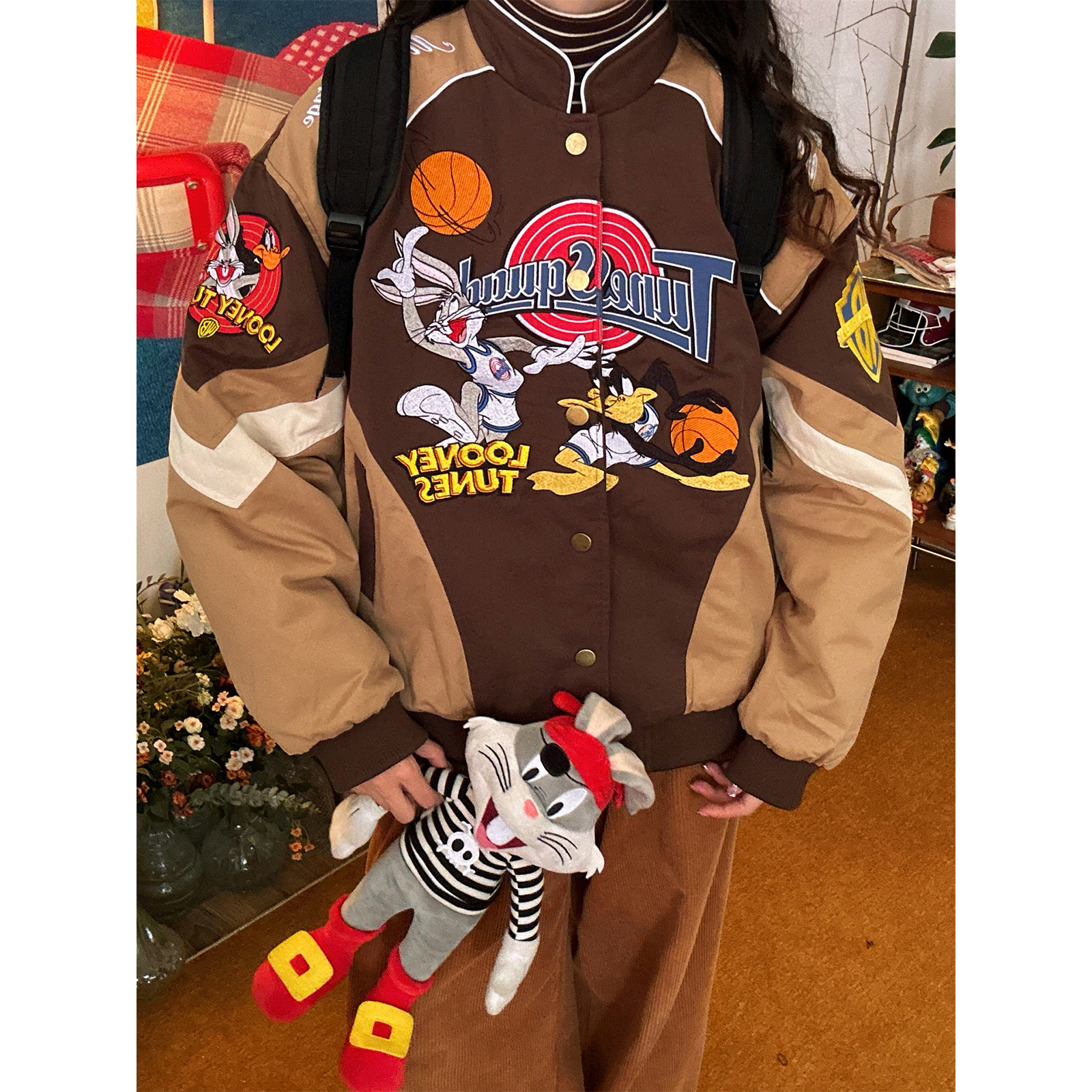 C2自制/美式复古卡通刺绣棒球服外套男女同款秋冬款宽松夹克上衣