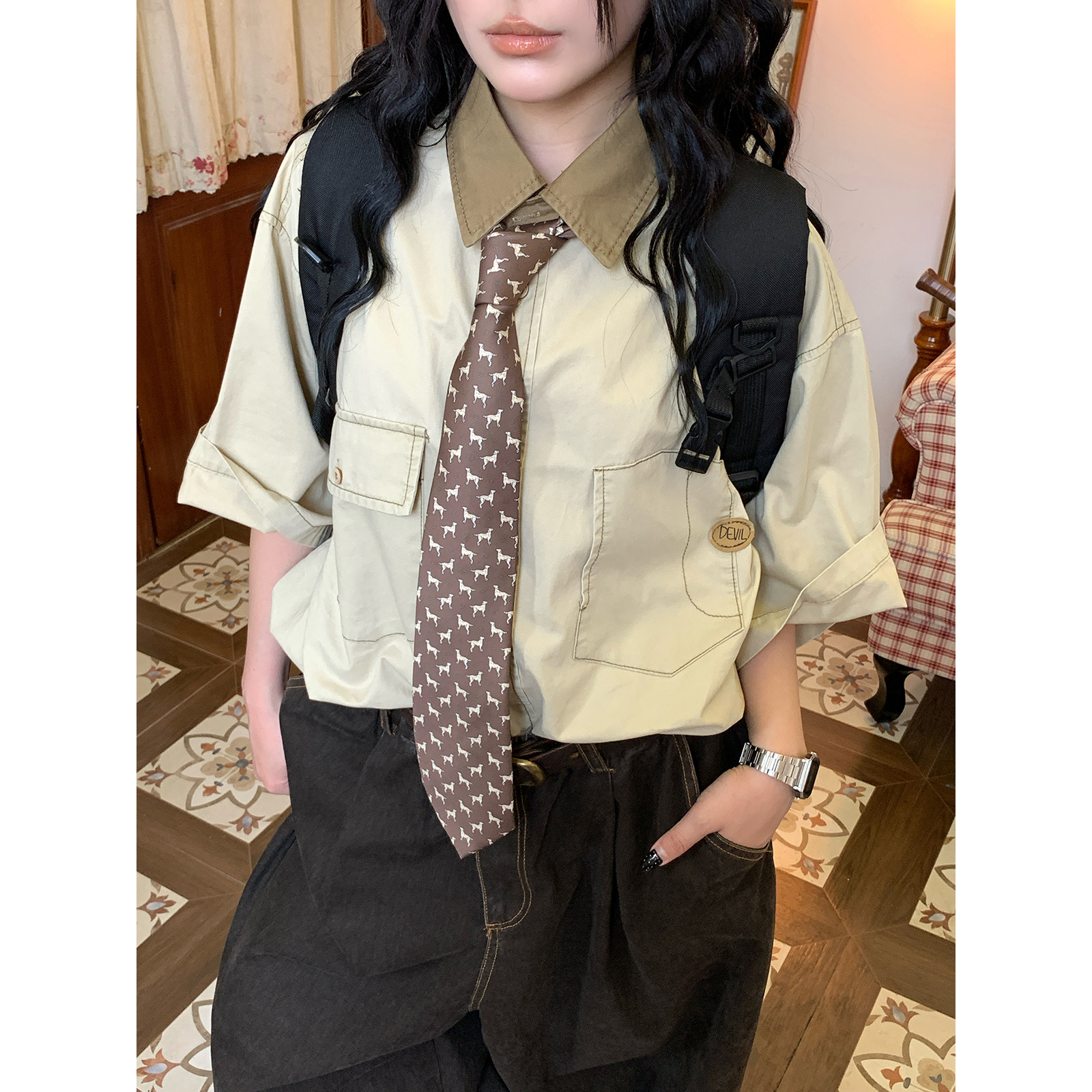 C2自制/日系工装风Polo领短袖衬衫男女夏季新款宽松多口袋学院风