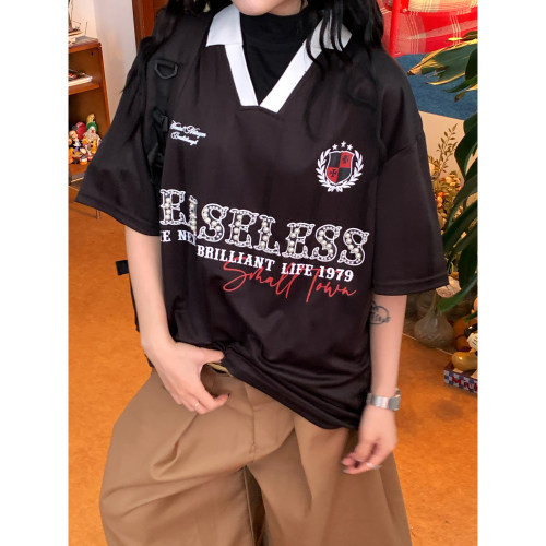 C2自制/美式复古V领短袖T恤男女宽松字母印花设计感落肩宽松上衣