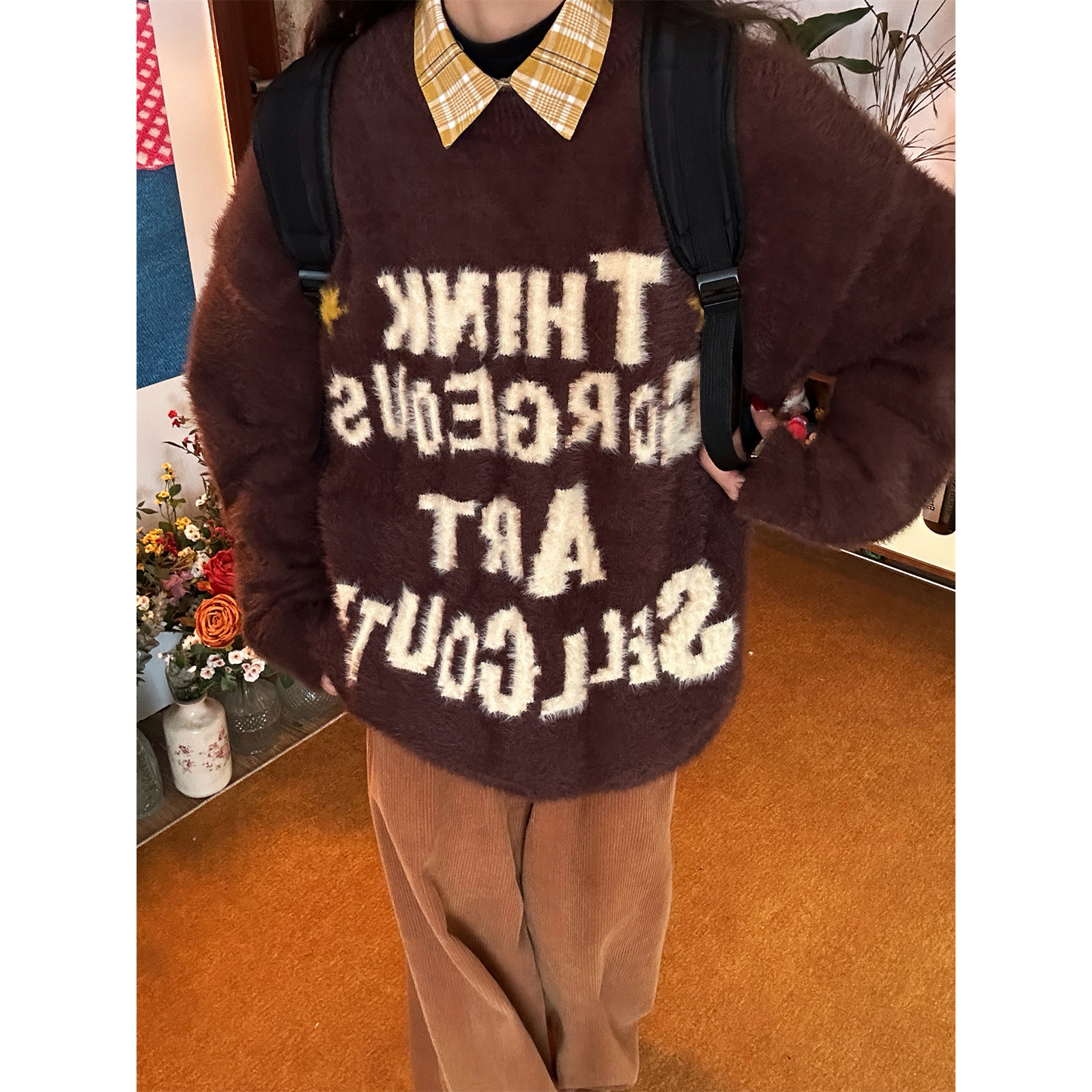 C2自制/美式复古字母提花毛绒针织毛衣男女同款宽松软糯圆领上衣