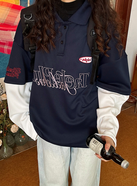 C2自制/复古风撞色假两件POLO衫男女春季新款字母印花长袖T恤上衣