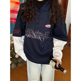 字母印花长袖 C2自制 新款 男女春季 T恤上衣 复古风撞色假两件POLO衫