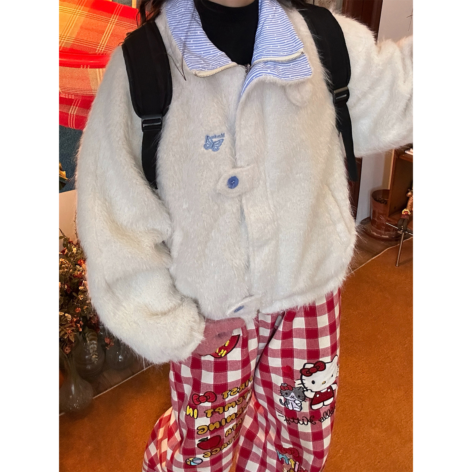 C2自制/美式复古竖纹双面穿羊羔毛棉服男女同款秋冬新款加厚外套