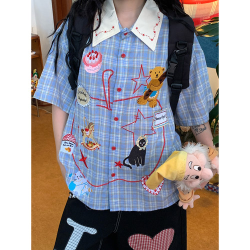C2自制/复古童趣卡通刺绣格子衬衫夏季新款男女同款短袖宽松上衣
