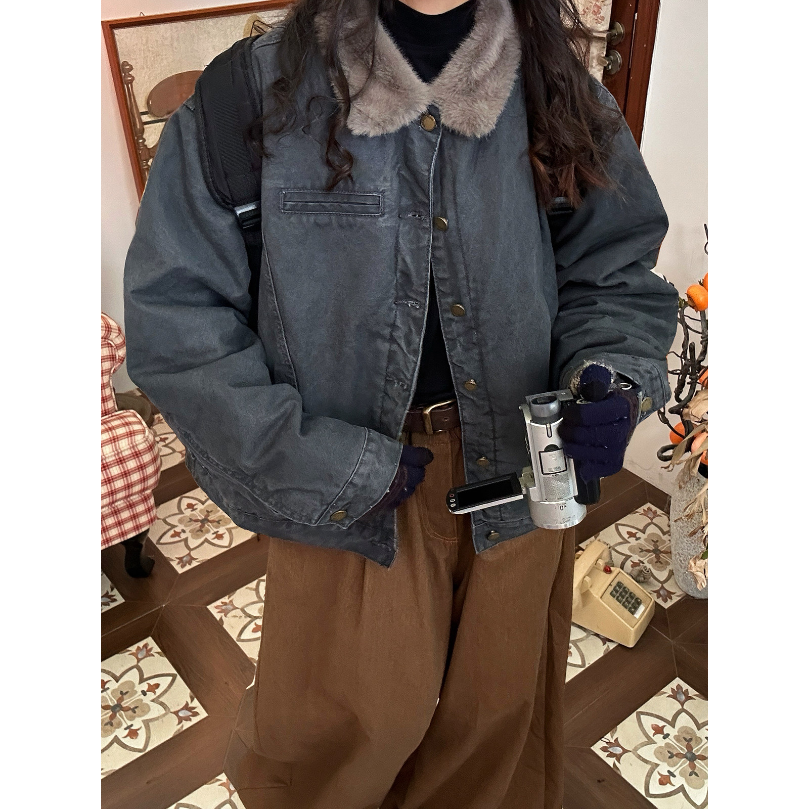 C2自制/美式复古翻领毛领棉服男女水洗做旧加绒牛仔外套秋冬新款