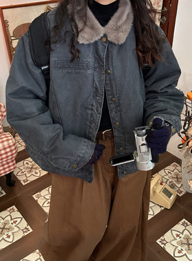 C2自制/美式复古翻领毛领棉服男女水洗做旧加绒牛仔外套秋冬新款