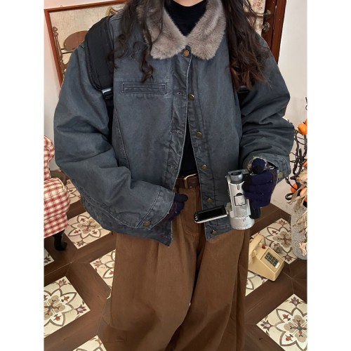 C2自制/美式复古翻领毛领棉服男女水洗做旧加绒牛仔外套秋冬新款