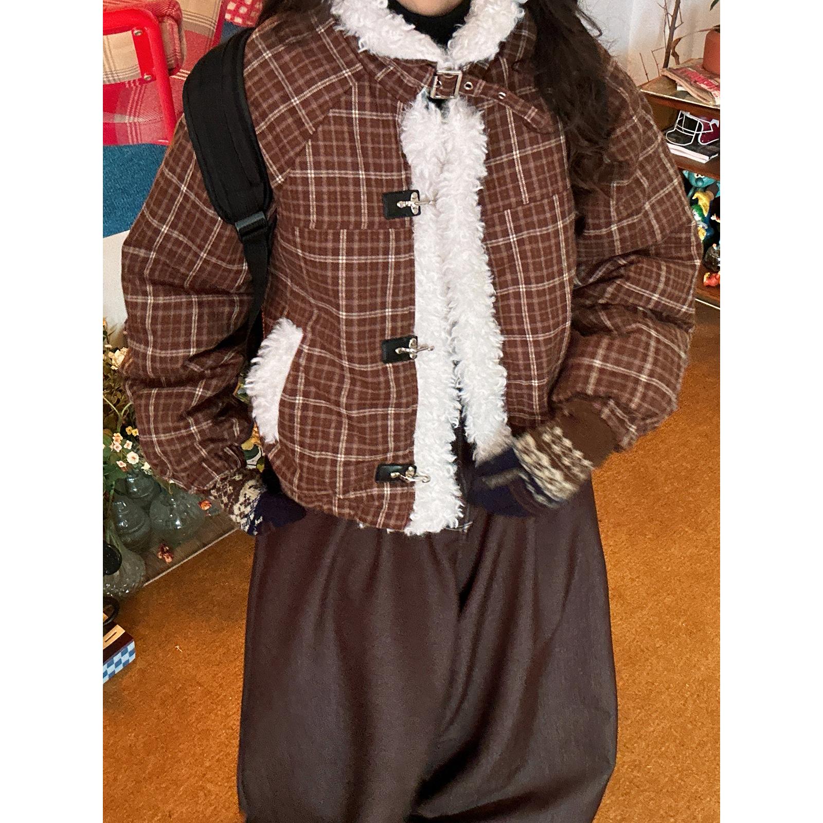 【新品买二送一】美式复古格子羊羔毛领短款棉衣女冬保暖棉服外套