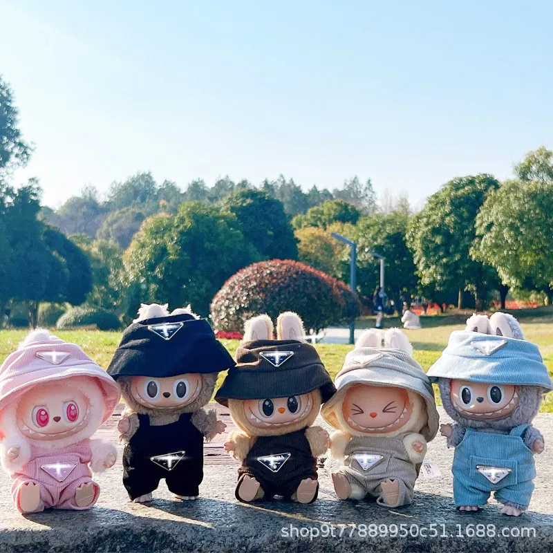 17cm拉布布一二三代labubu搪胶公仔背带裤套装休闲帽子
